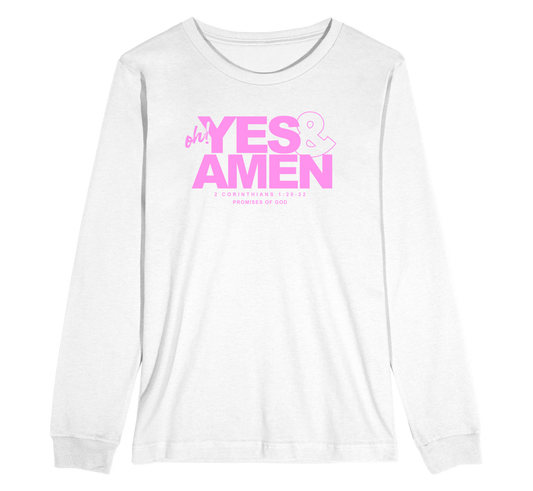 Yes & Amen Long Sleeve T-Shirt- White/Pink: $40