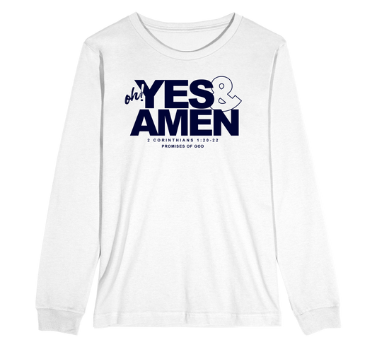 Yes & Amen Long Sleeve T-Shirt- White/Blue: $40