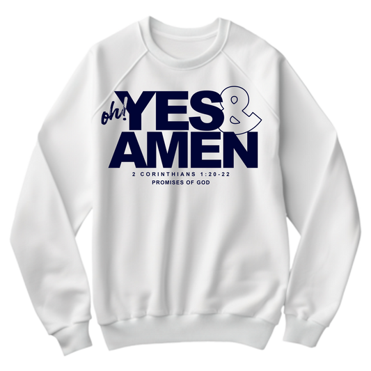 Yes & Amen Crewneck- Cream/Blue: $50